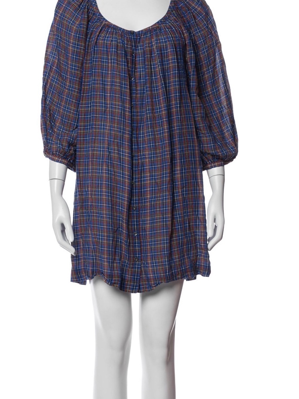 Doen Blue and Brown Plaid Peasant Tunic Dress